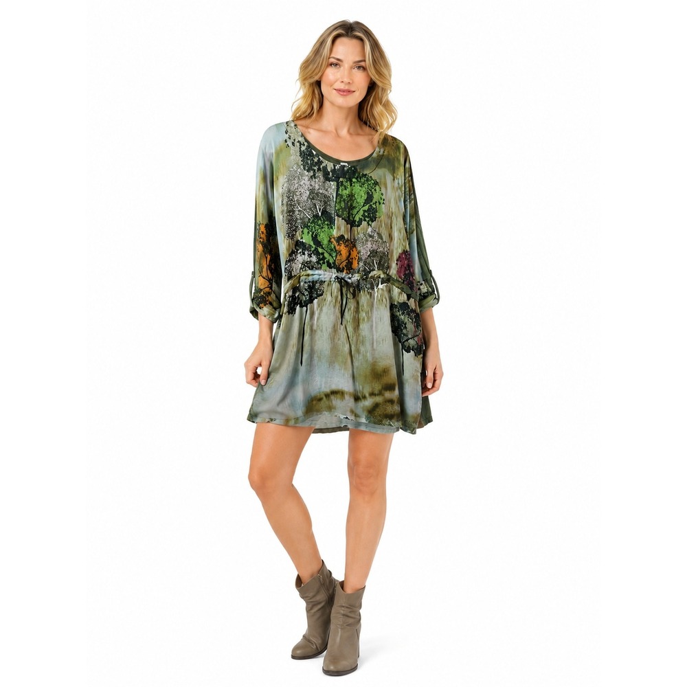 Uncle Frank Boho Landscape Tree Print Drawstring Mini Dress Green Small